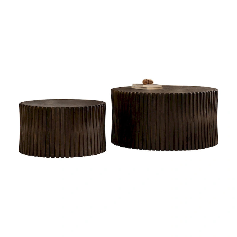 Table basse gigogne marron foncé / naturelle, relief gaufré vintage, lot de 2
