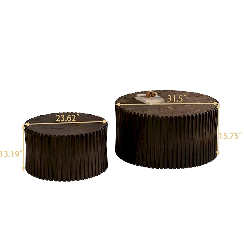 Table basse gigogne marron foncé / naturelle, relief gaufré vintage, lot de 2