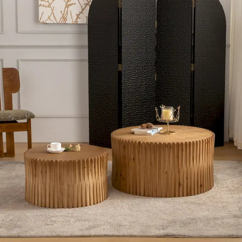 Table basse gigogne marron foncé / naturelle, relief gaufré vintage, lot de 2