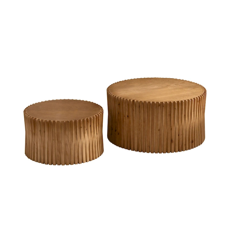 Table basse gigogne marron foncé / naturelle, relief gaufré vintage, lot de 2