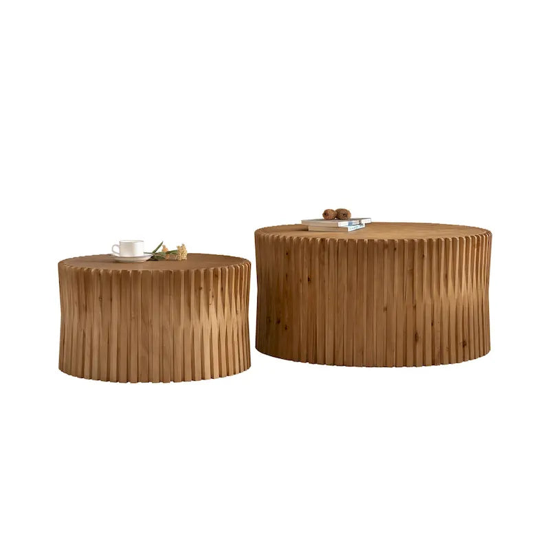 Table basse gigogne marron foncé / naturelle, relief gaufré vintage, lot de 2