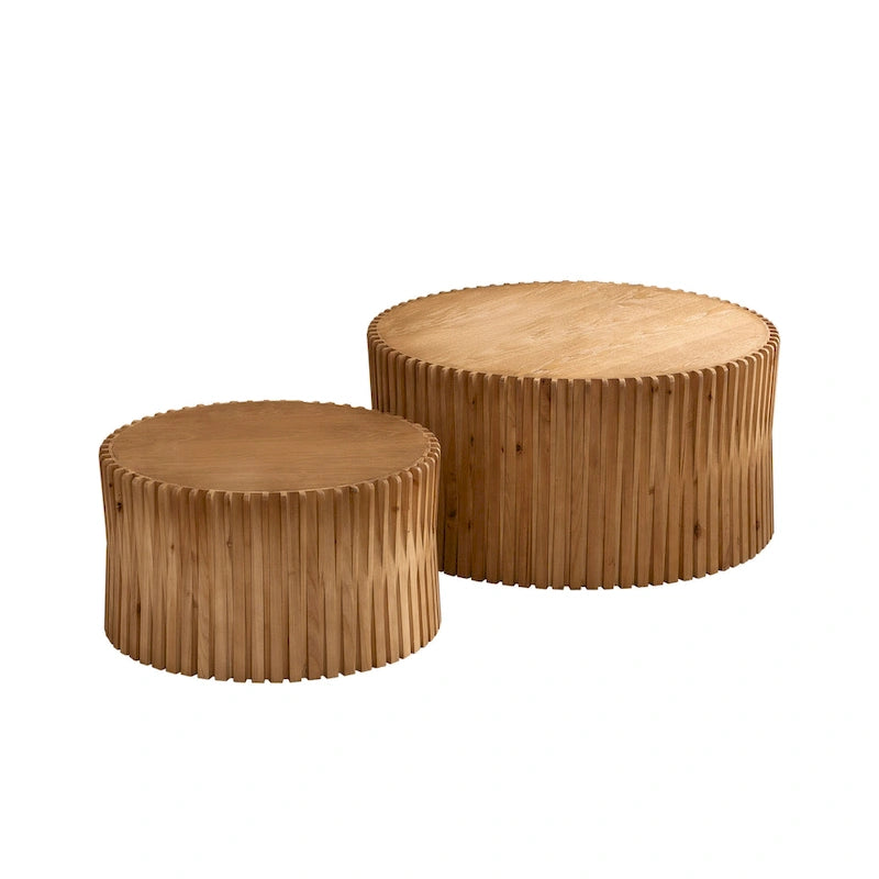 Table basse gigogne marron foncé / naturelle, relief gaufré vintage, lot de 2