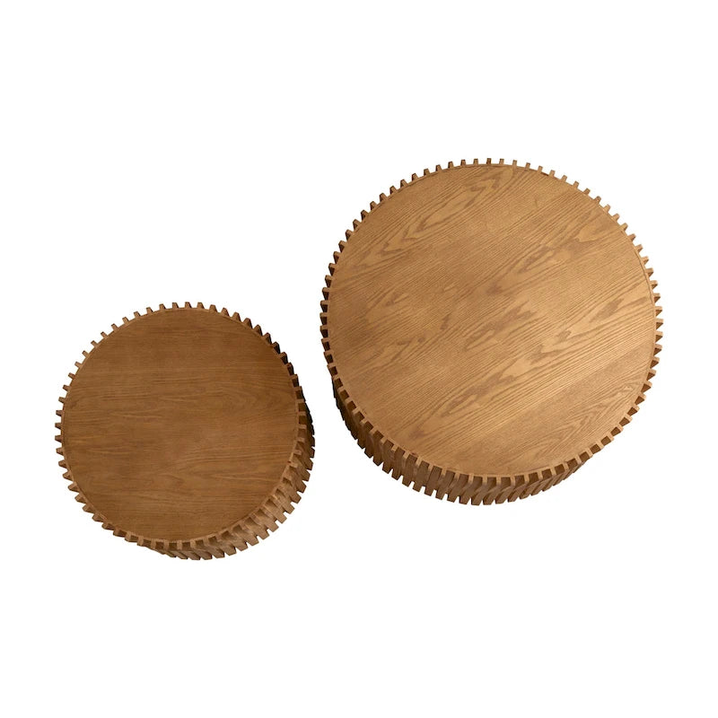 Table basse gigogne marron foncé / naturelle, relief gaufré vintage, lot de 2